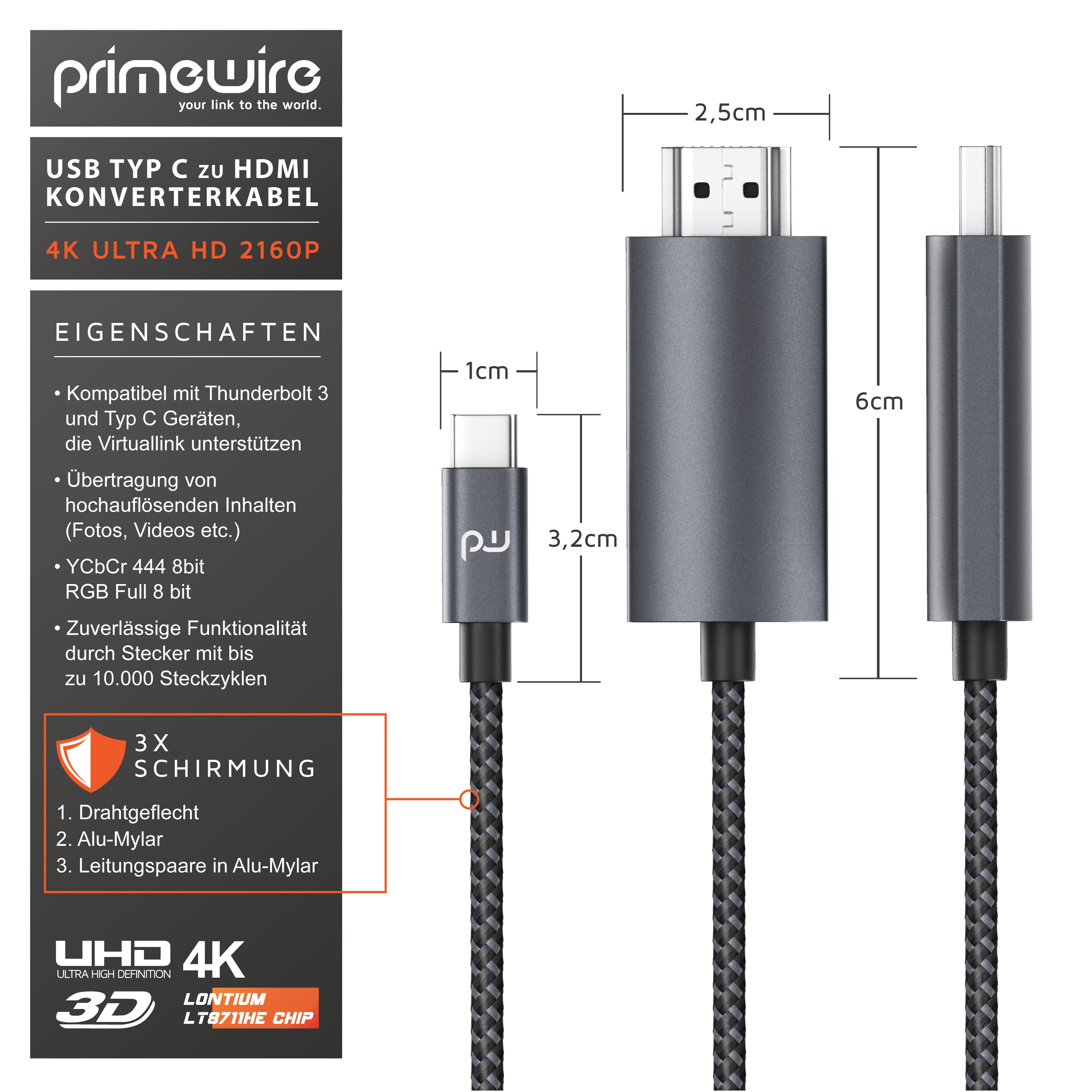 Primewire USB Typ C zu HDMI Konverterkabel Adapterkabel 4K 3840 x 2160 @ 60 Hz - 2m