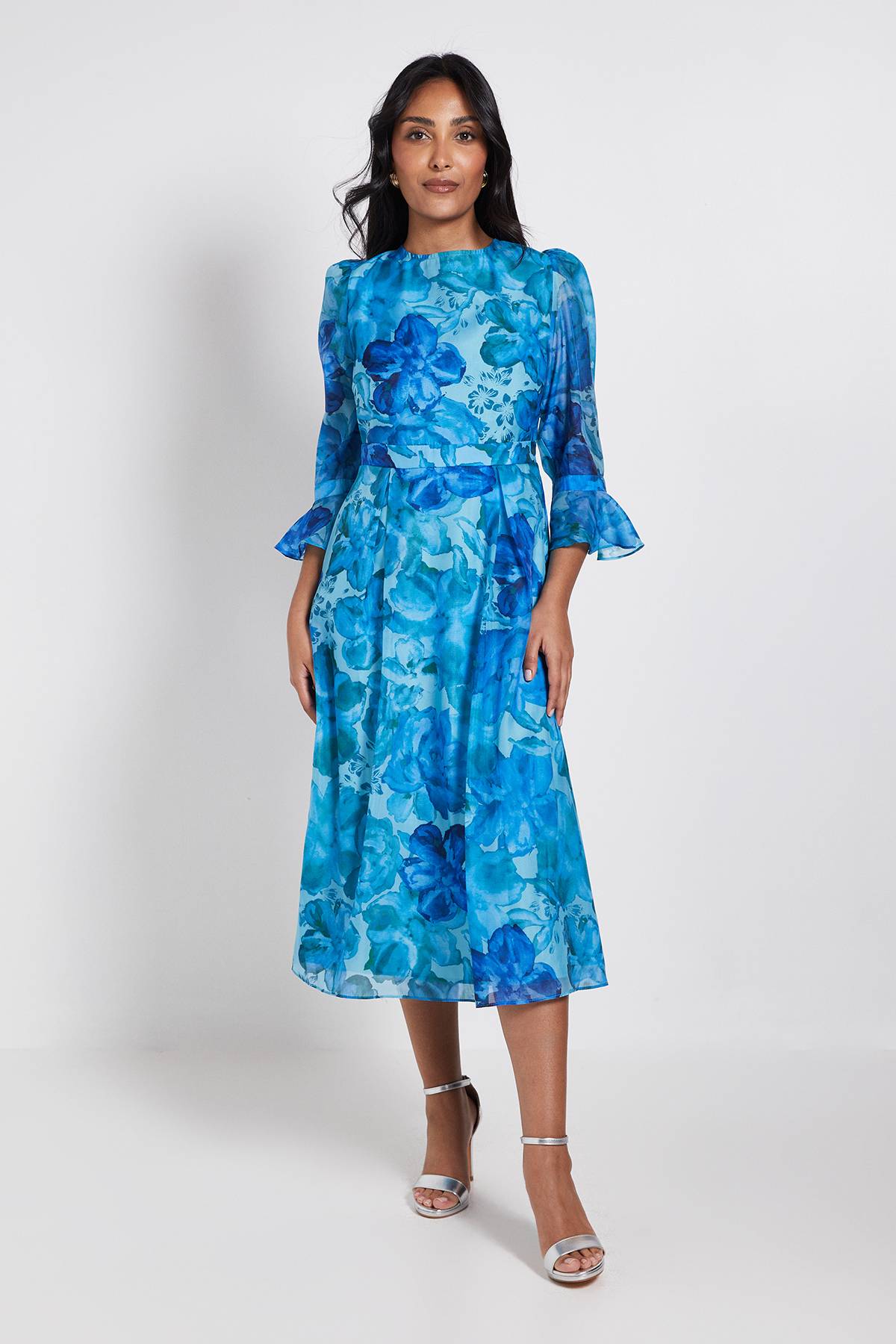 Wallis Robe Midi Petite À Manches Évasées En Organza Fleuri