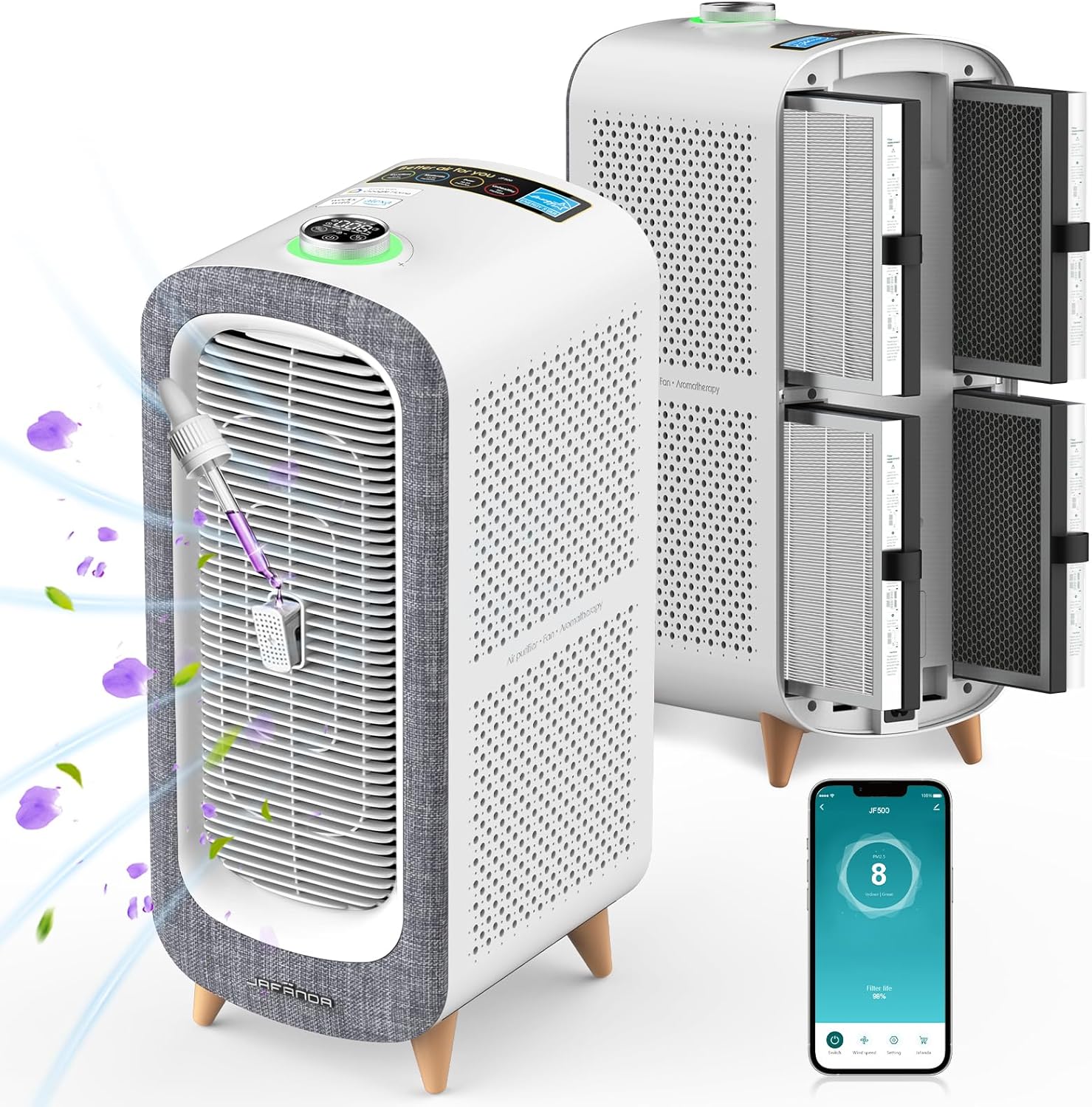Jafända Luftreiniger für Allergiker mit Aromatherapie, HEPA-Filter gegen 99,97% Schimmel Pollen, Staub & Tierhaare, CADR 460m³/h für Räume bis 240m², Smart WiFi, Leiser Nachtmodus (Grau)