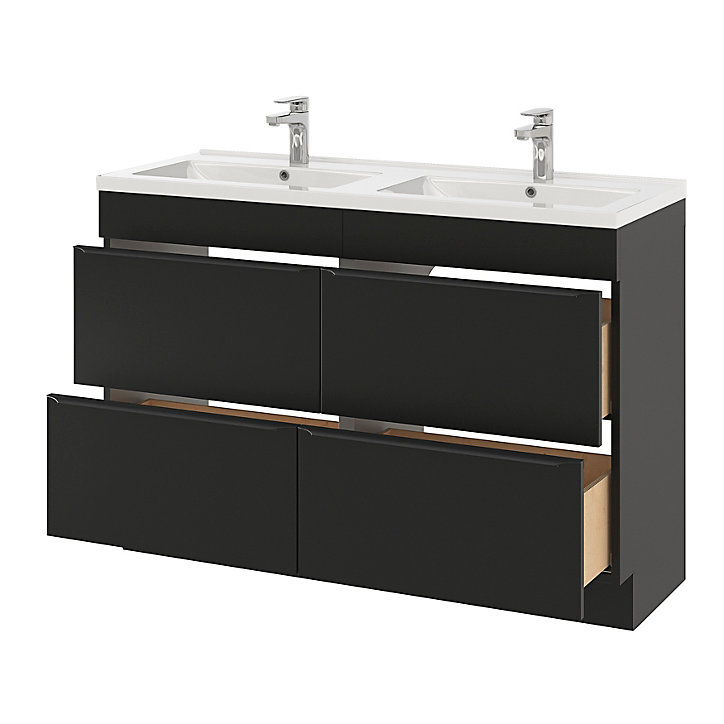 Ensemble salle de bains l.120 cm meuble à poser Imandra noir mat + plan double double vasque céramique blanc
