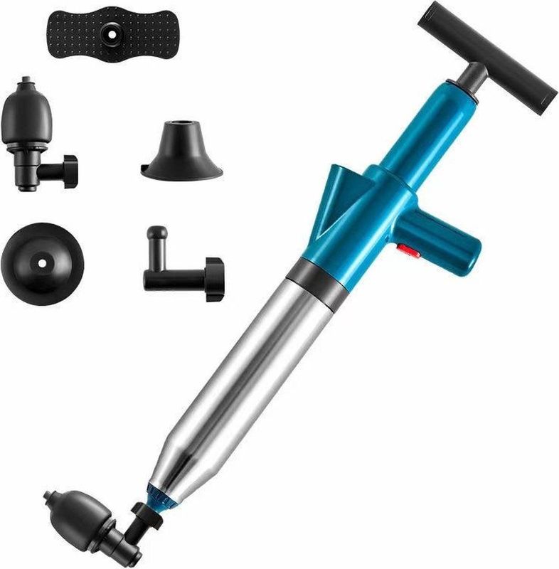 Professionele Luchtdruk Pomp Ontstopper - 4 Ontstoppingskoppen - RVS - 0-8 Bar - Blauw