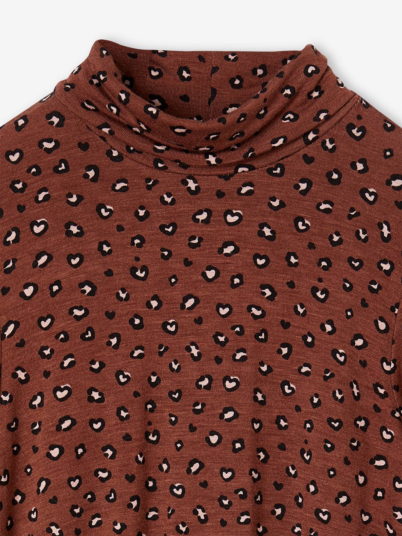 Camiseta de gola alta feminina na cor chocolate com estampa.