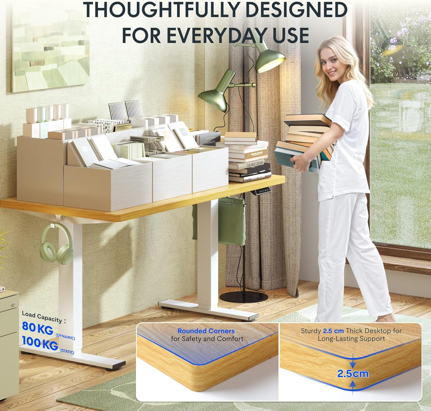 FLEXISPOT Höhenverstellbarer Schreibtisch 140×80cm, mit Haken und 25mm EINTEILIGER Tischplatte, ergonomischer Schreibtisch mit LED-Höhenanzeige und Memory-Funktion (Weiß, Weiß)