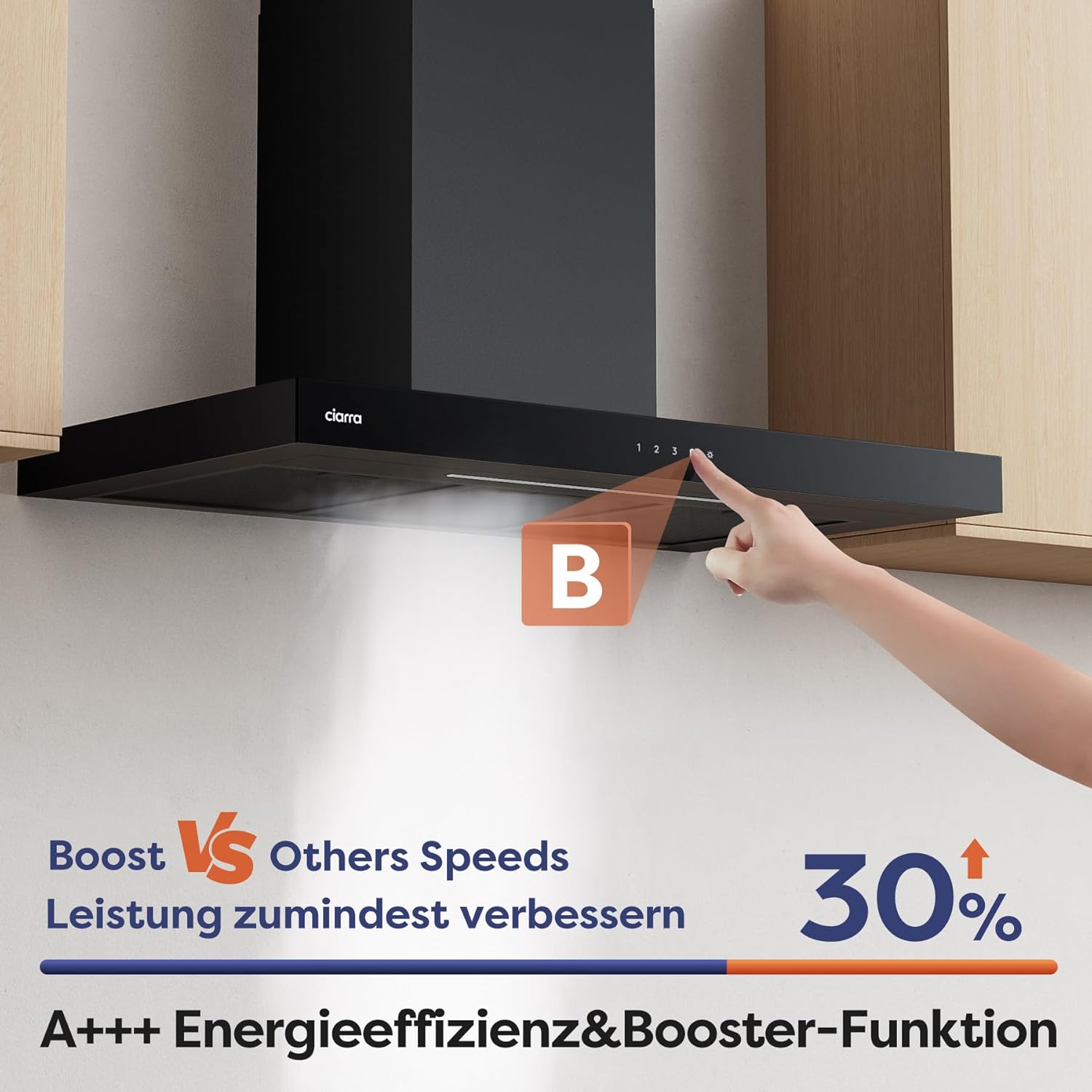 CIARRA CBCB9102 A+++ Dunstabzugshaube 90 cm Umluft Abluft Schwarz App Gesteuert Touch-Bedienung 650m³/h 3 Stufen Booster Abzugshaube Wandabzugshaube Wandhaube mit CBCF003 Aktivkohlefilter