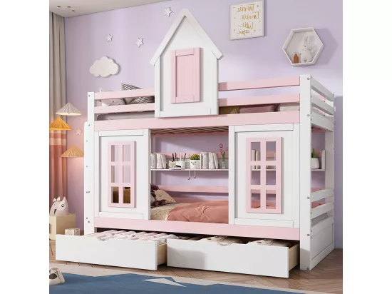 Lit superposé pour enfants avec toit, fenêtre, barrières de sécurité, deux tiroirs sur roulettes, étagères ouvertes, blanc + rose