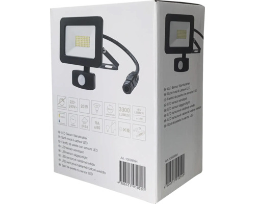 LED-sensorwandlamp IP44 20W 3300 lm 4000 K neutraal wit, netsnoer 3G1,0 mm² H05RN-F 0,3 m + snelsluiting, BxDxH 130x62x174 mm