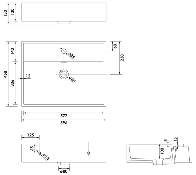 Brauer Gravity enkele wastafel mineraalmarmer 60cm zonder kraangat wit glans