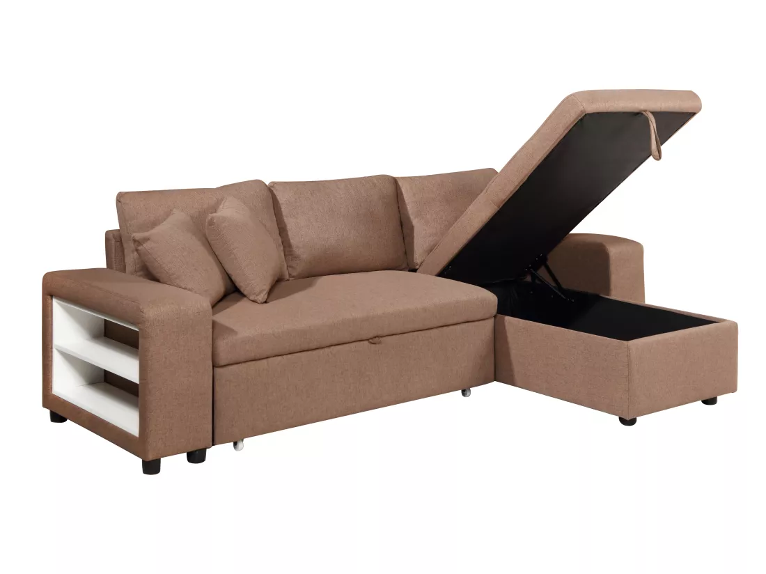 Canapé d'angle convertible et réversible en tissu avec coffre de rangement et poufs marron SELIM