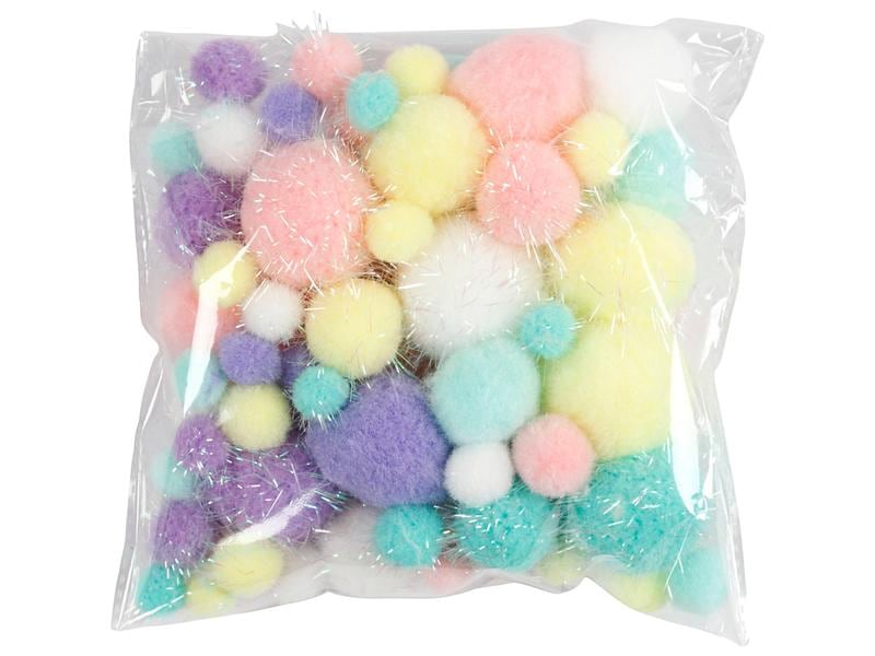 Creativ Company Pompon 15-40 mm 75 Stück, farbig assortiert Pastellfarbene Pompons mit Glitzereffekt