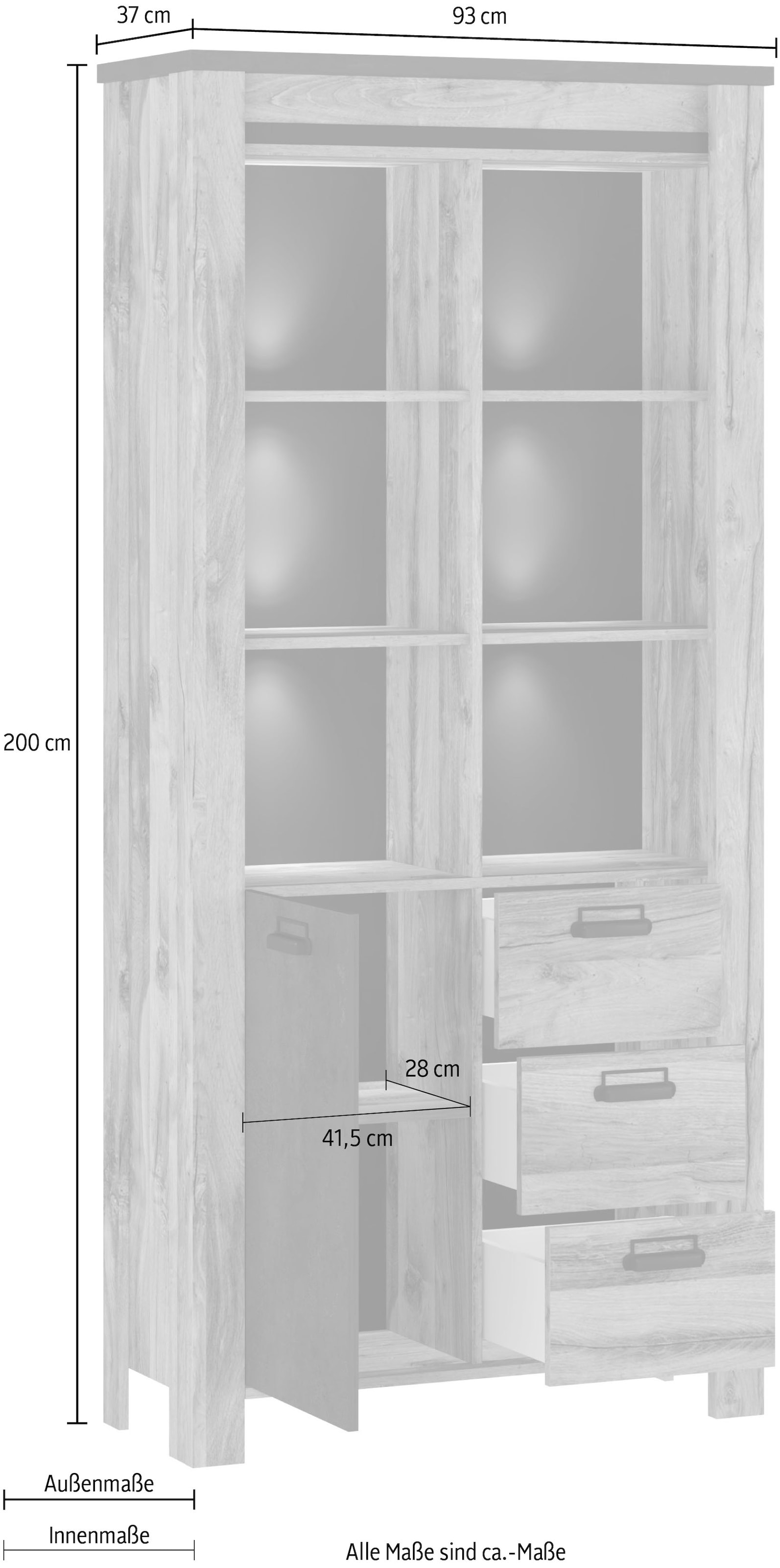 Home affaire Vitrine »York, moderner Hochschrank, Schrank in Hunton Oak Dekor« mit Apothekergriffen aus Metall, Industrialdesign, 200 cm hoch