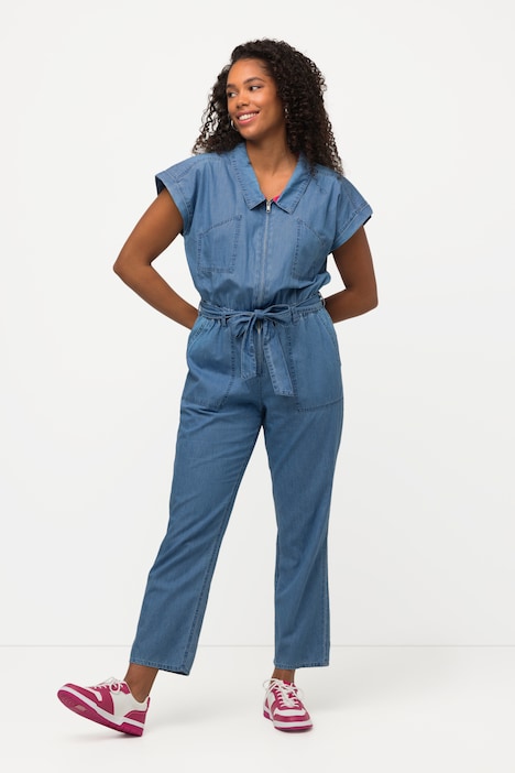 Jeans-Jumpsuit, Hemdkragen, elastische Taille, Halbarm