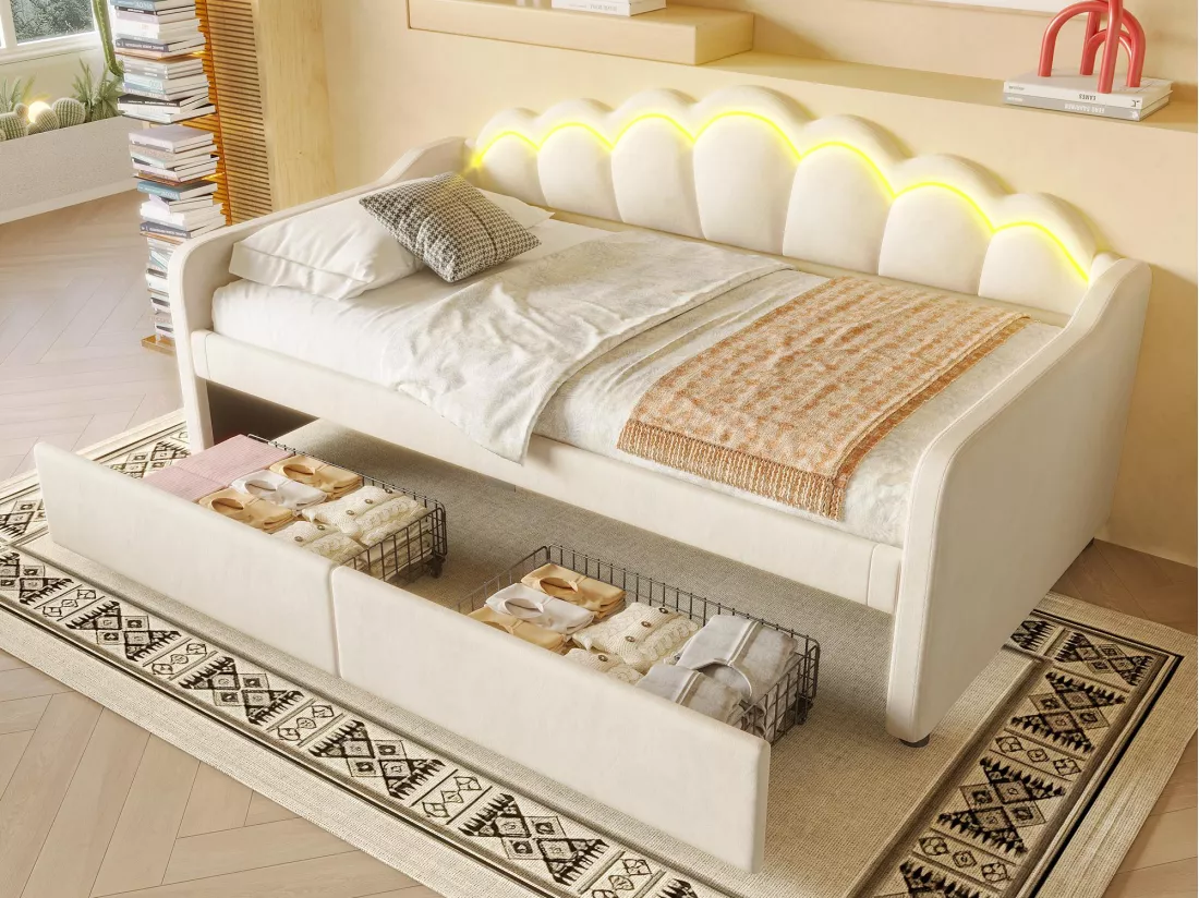 Canapé-lit 90x200 cm - avec éclairage LED - avec 2 tiroirs - velours - beige (sans matelas)