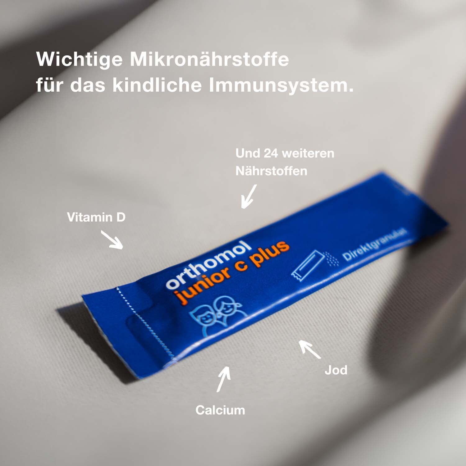 Orthomol junior C plus - mit Vitamin C als Beitrag zu einer normalen Funktion des Immunsystems - Himbeer/Limetten-Geschmack - Direktgranulat