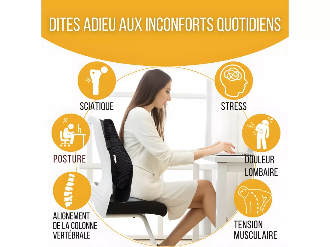 Coussin de Soutien Lombaire Allongé Ergonomique - 45x41x10,5 - en mousse à mémoire de forme - Sangles réglables - INPHYSIO