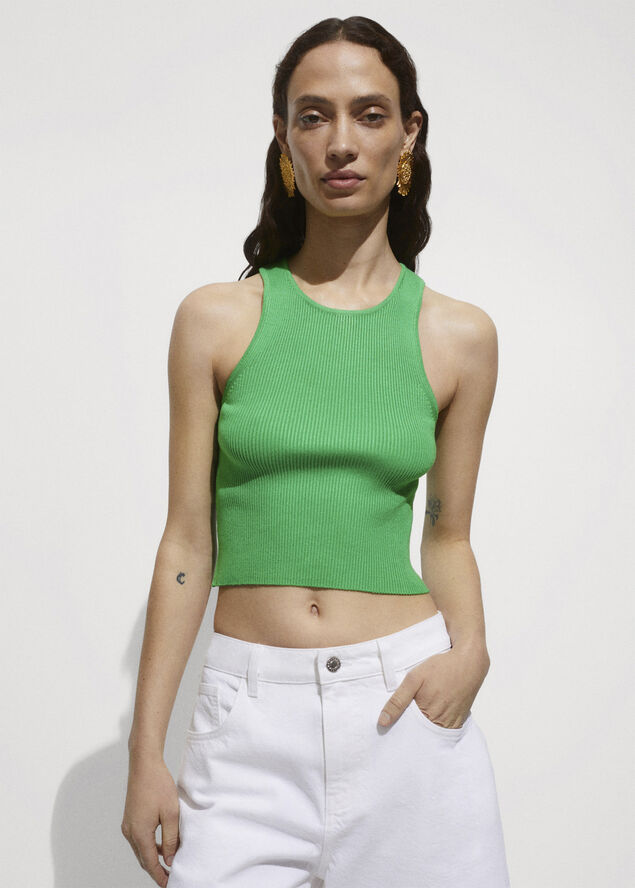 MANGO Ribbed knit top Green
