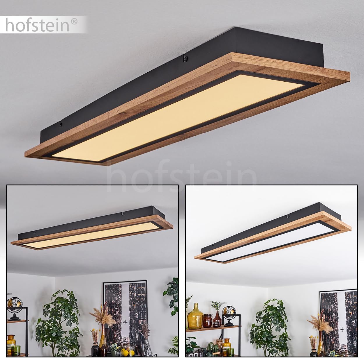 LED Deckenleuchte Salmi, moderne Deckenlampe aus Metall/MDF/Kunststoff in Schwarz/Holzoptik/Braun/Weiß, rechteckige Leuchte (80 cm x 20 cm), 2800 Lumen, 3000 Kelvin, LED 24 Watt