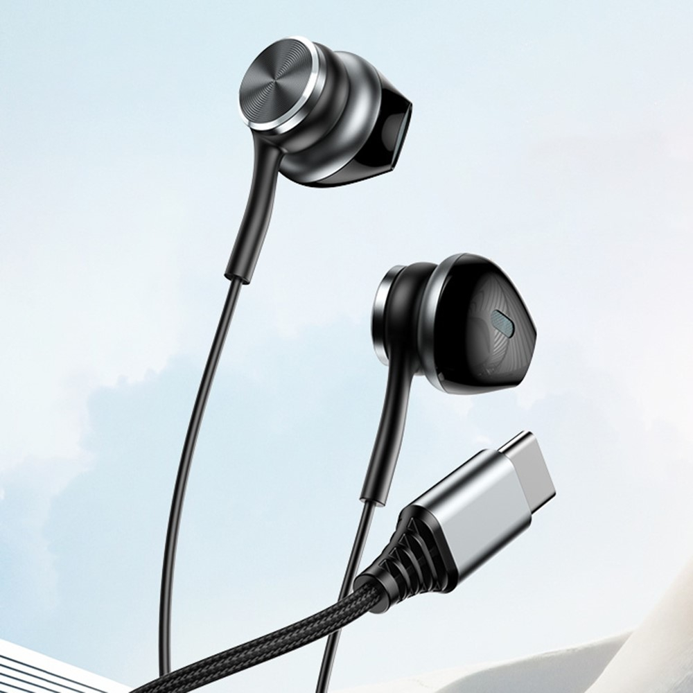 YH41 Stereo In-Ear Kopfhörer Headset mit USB C Anschluss   Mikrofon und Lautstärkeregler - Schwarz