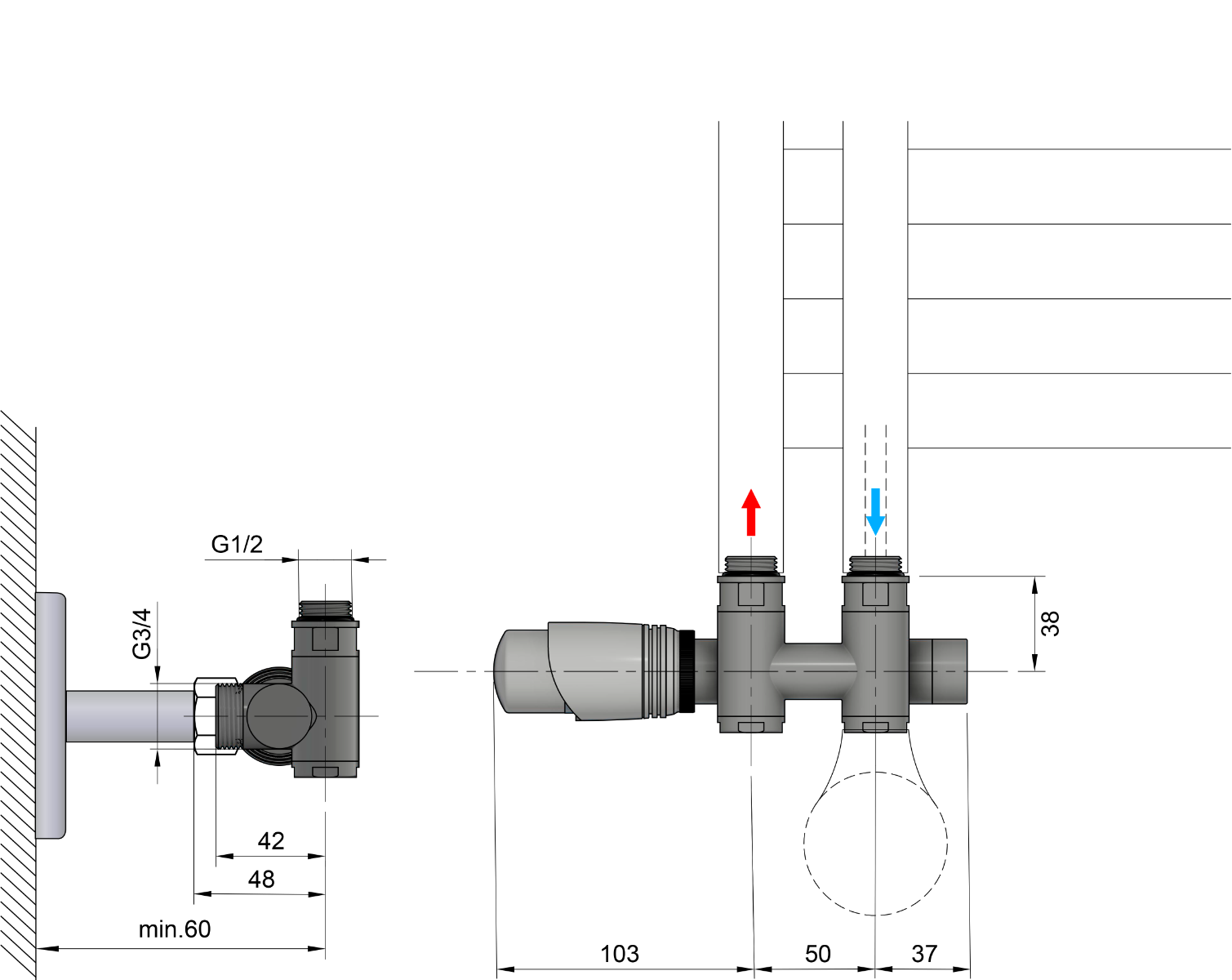 Bruckner Wicher Combi radiator aansluitset midden onder chroom