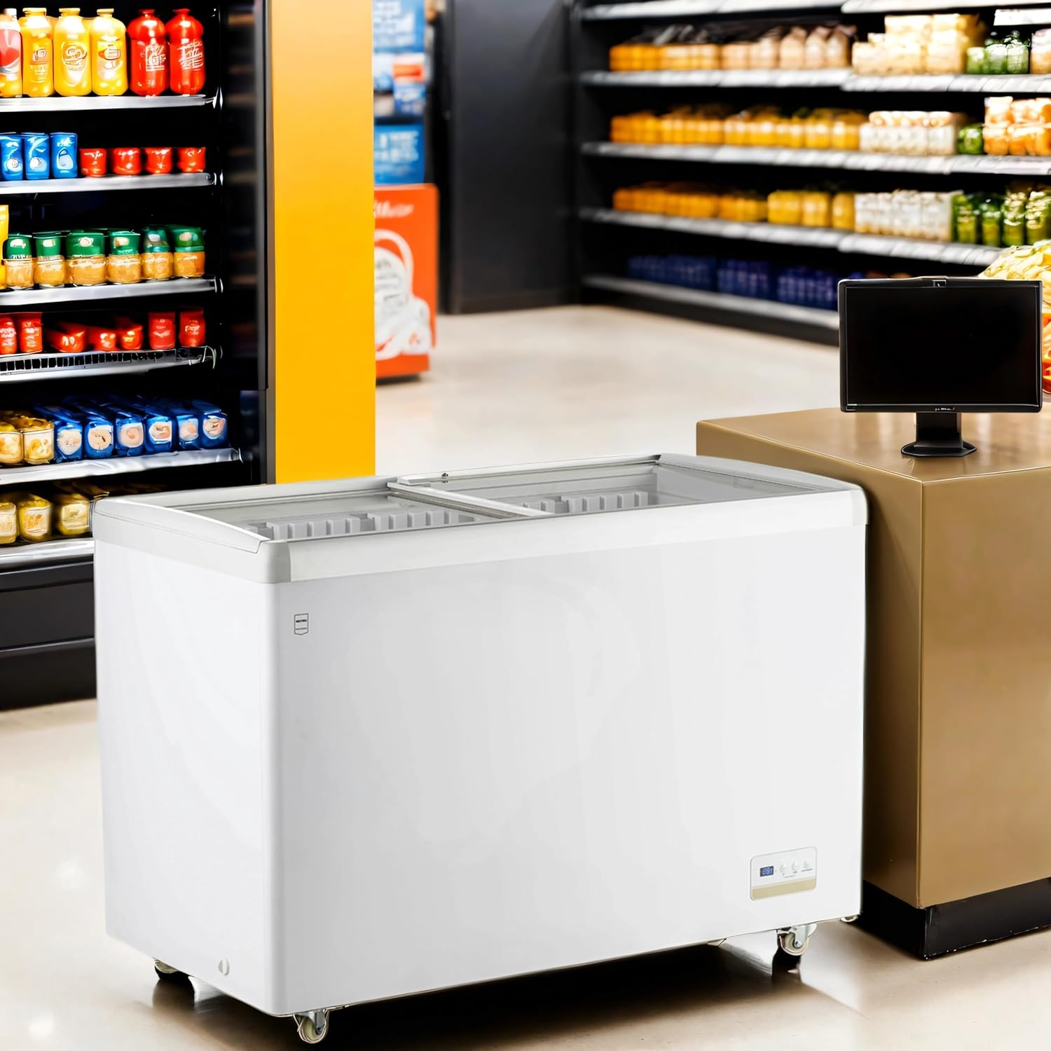 METRO Professional Tiefkühlvitrine GICC1363, 315 L, Tiefkühltruhe mit Glasschiebetür, 5 Ablagekörbe, Türschloss, Temperaturalarm, Rollen, Weiß