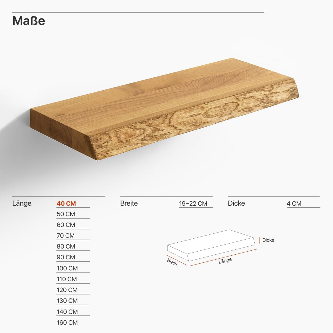 BestLoft Wandregal Board Regal Wand Schweberegal Holzregal Bücherregal Wandregal Holz kleines Regal Küchenregal Wand Shelf Schweberegal Eiche mit Baumkante Naturkante (160cm)