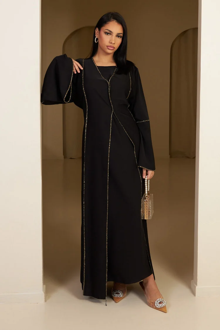 Ensemble 2 pièces abaya + gilet à enfiler noir et doré