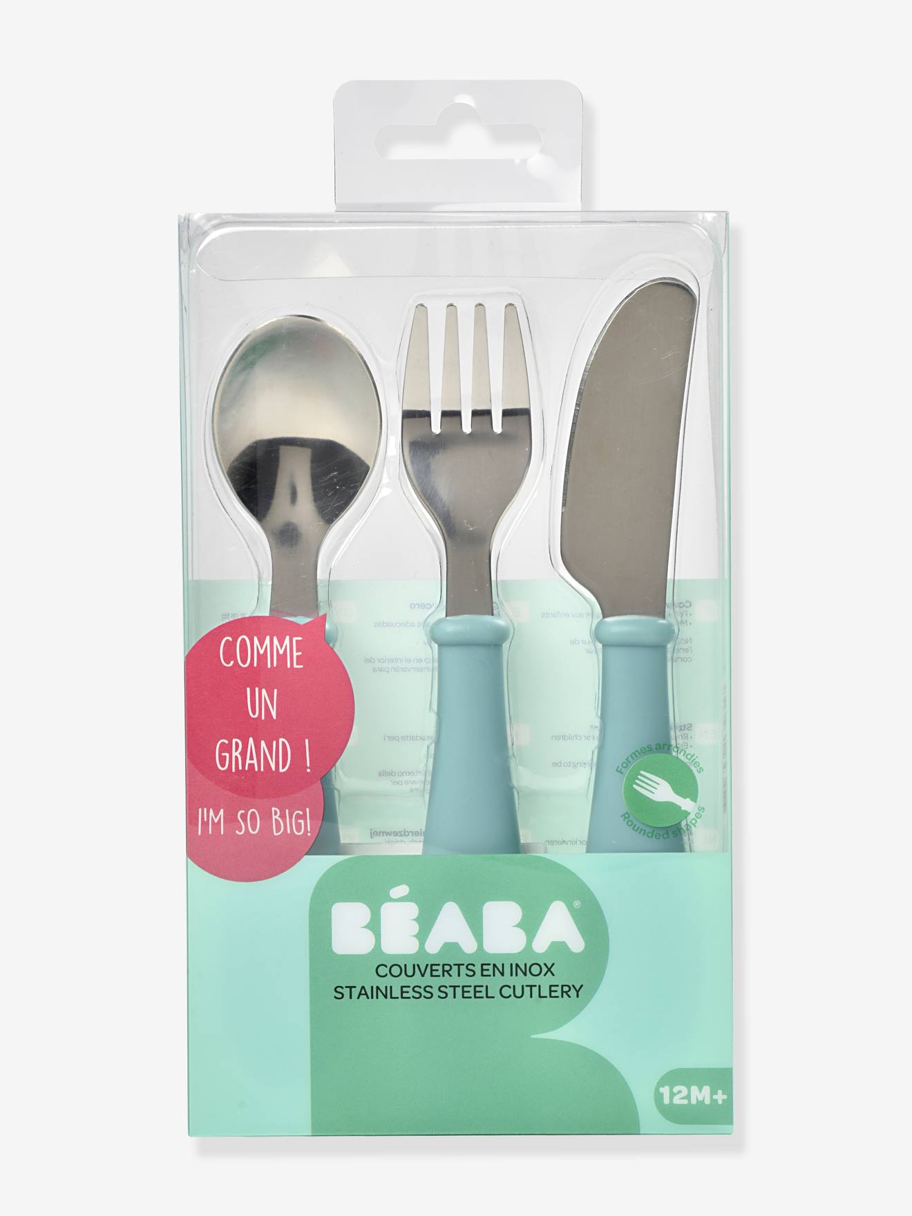 Conjunto de talheres de aprendizagem BEABA de 3 peças em aço inoxidável rosa claro liso.