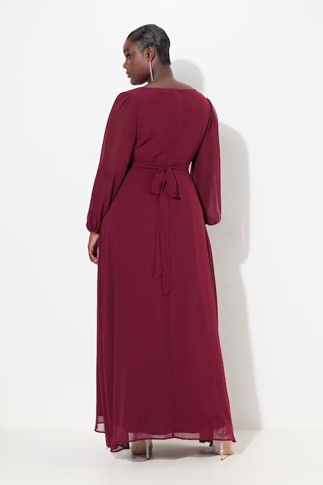 Abendkleid, V-Ausschnitt, bestickter Gürtel, Langarm