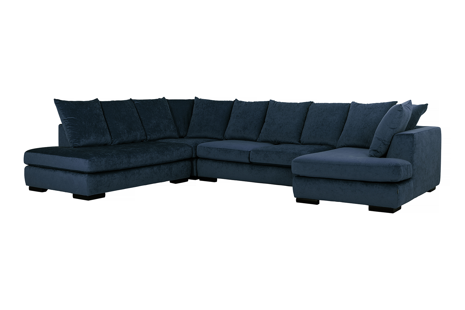 Paso doble hjørnesofa Åpen ende venstre med 2-seter og sjeselong høyre. I velurtekstil Eros Midnight Blue med sorte treben, EU-komfort og løse ryggputer.