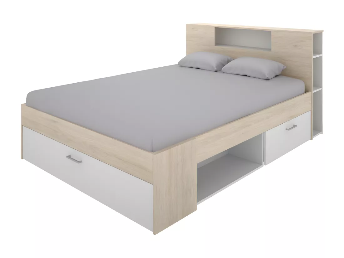Lit avec tête de lit rangements et tiroirs - 160 x 200 cm - Coloris : Naturel et blanc + Chevets - LEANDRE