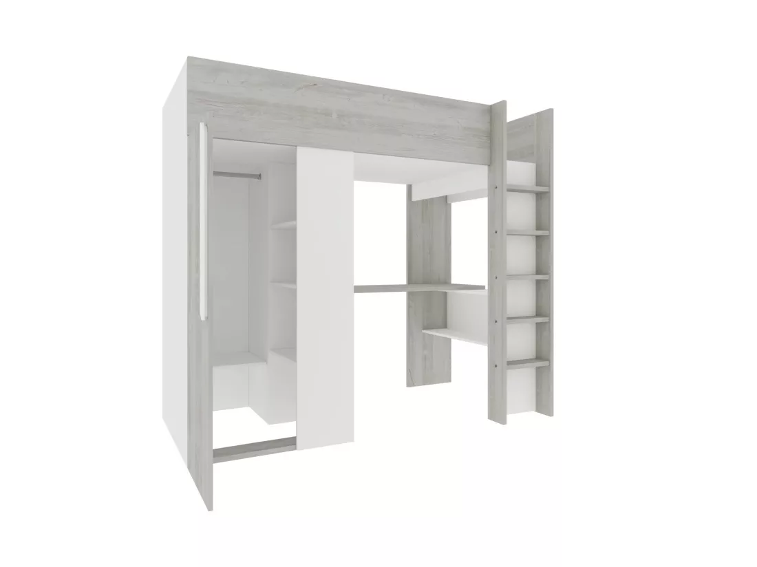 Lit mezzanine 90 x 200 cm avec armoire et bureau - Naturel grisé et blanc + Matelas - NICOLAS