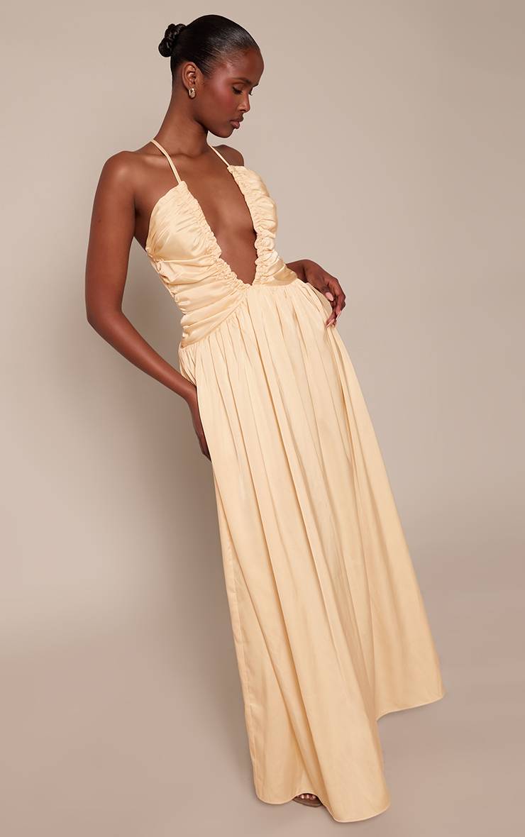 Citron Robe Longue Satinée Col Licou Avec Détail Froncé
