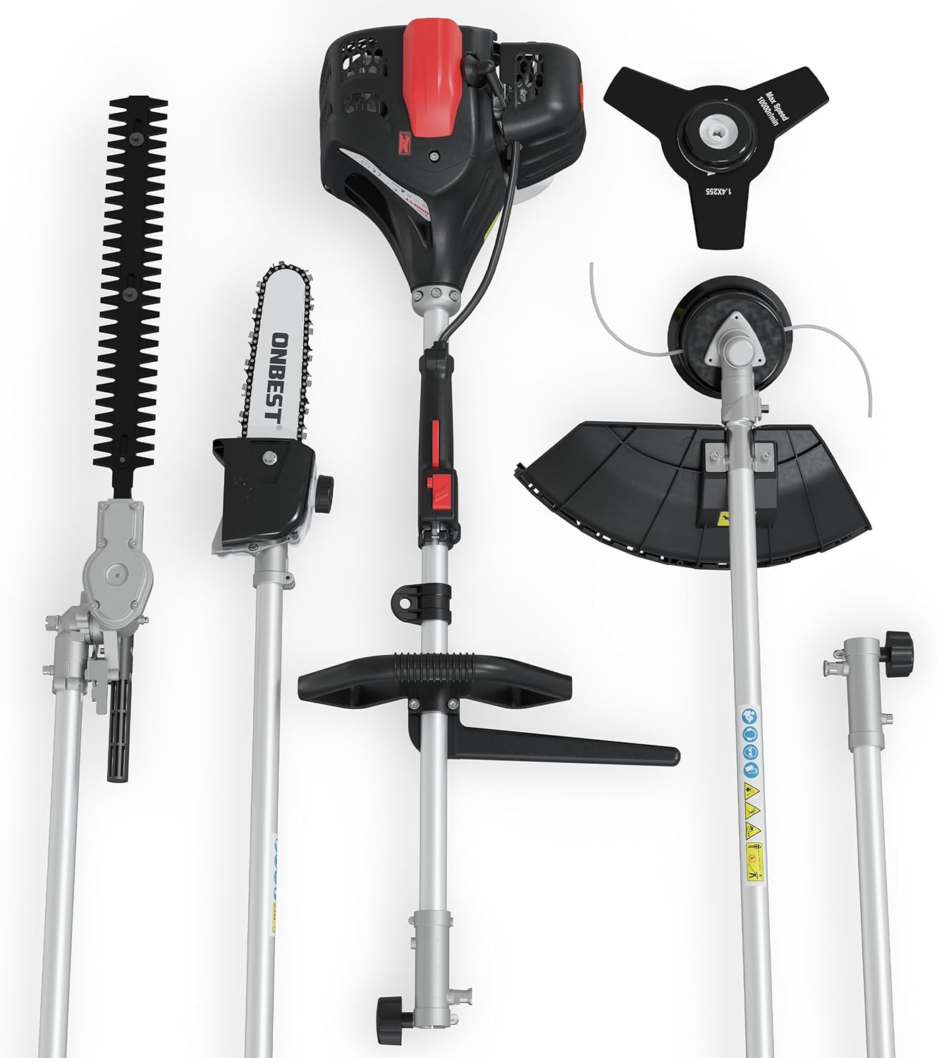 hochwertiges 4 IN 1 Benzin Multifunktionsgerät – Starke 1,9 PS/ 1,4 KW - Freischneider, Rasentrimmer, Heckenschere und Hochentaster in Einem – mit Verlängerung Stange – ergonomischer Tragegurt