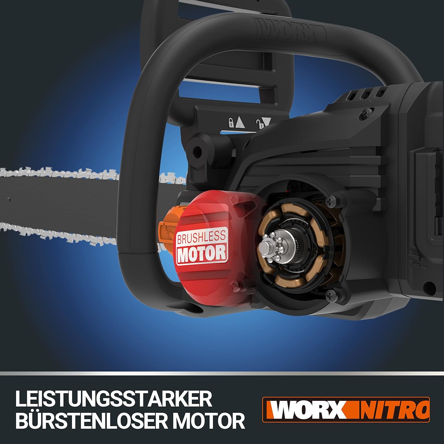 WORX WG385E.9 NITRO Akku Kettensäge 40V(2x20V) - bürstenloser Motor - automatische Kettenspannung & Kettenschmierung - 40cm Schnittlänge - 18m/s Schnittgeschwindigkeit - ohne Akku & Ladegerät