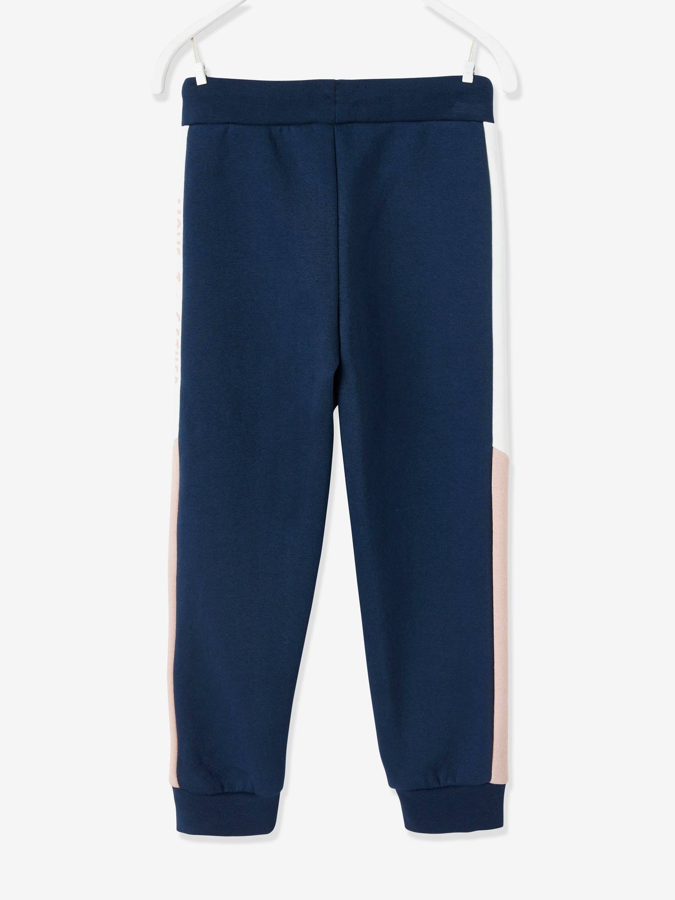 Calça de moletom com listras laterais, para meninas, azul escuro liso com estampas.