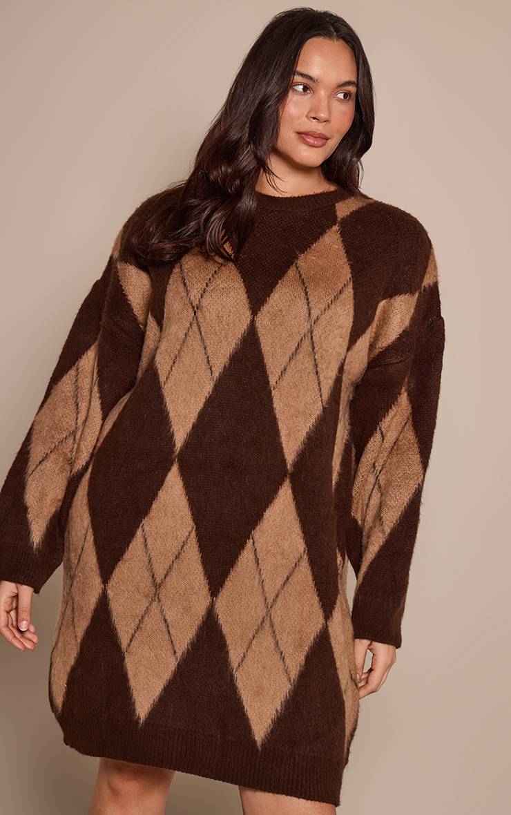 Chocolat Robe Synthétiquell Mini En Maille Brossée À Motif Argyle Grande Taille
