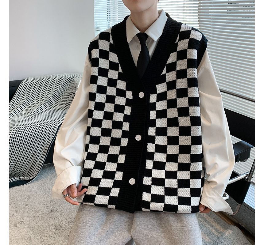 Hushgrain - V-hals geruite print trui met knoopjes