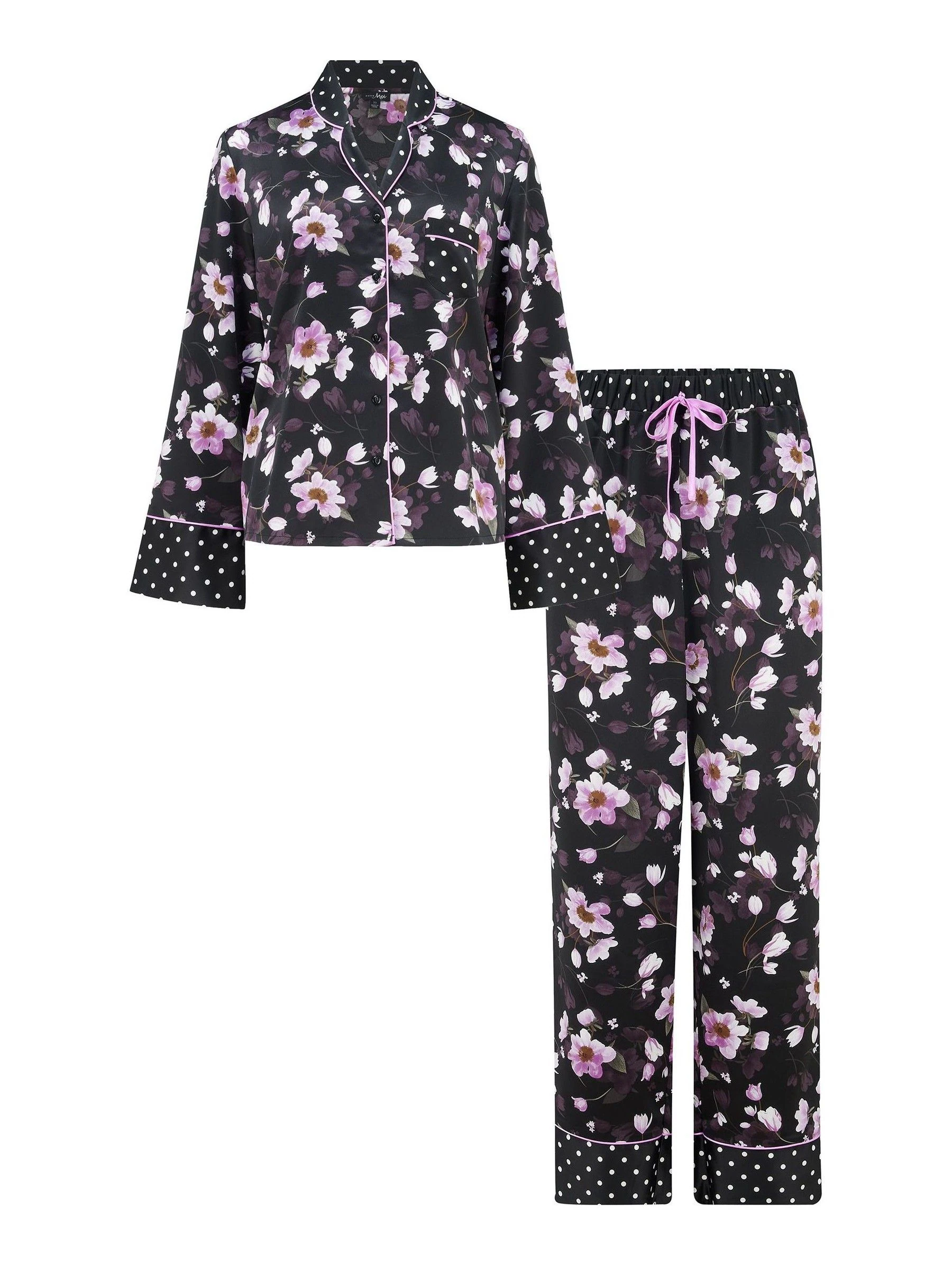 Pour Moi Luxe pyjama van satijn met Cubaanse kraag en gemengde print