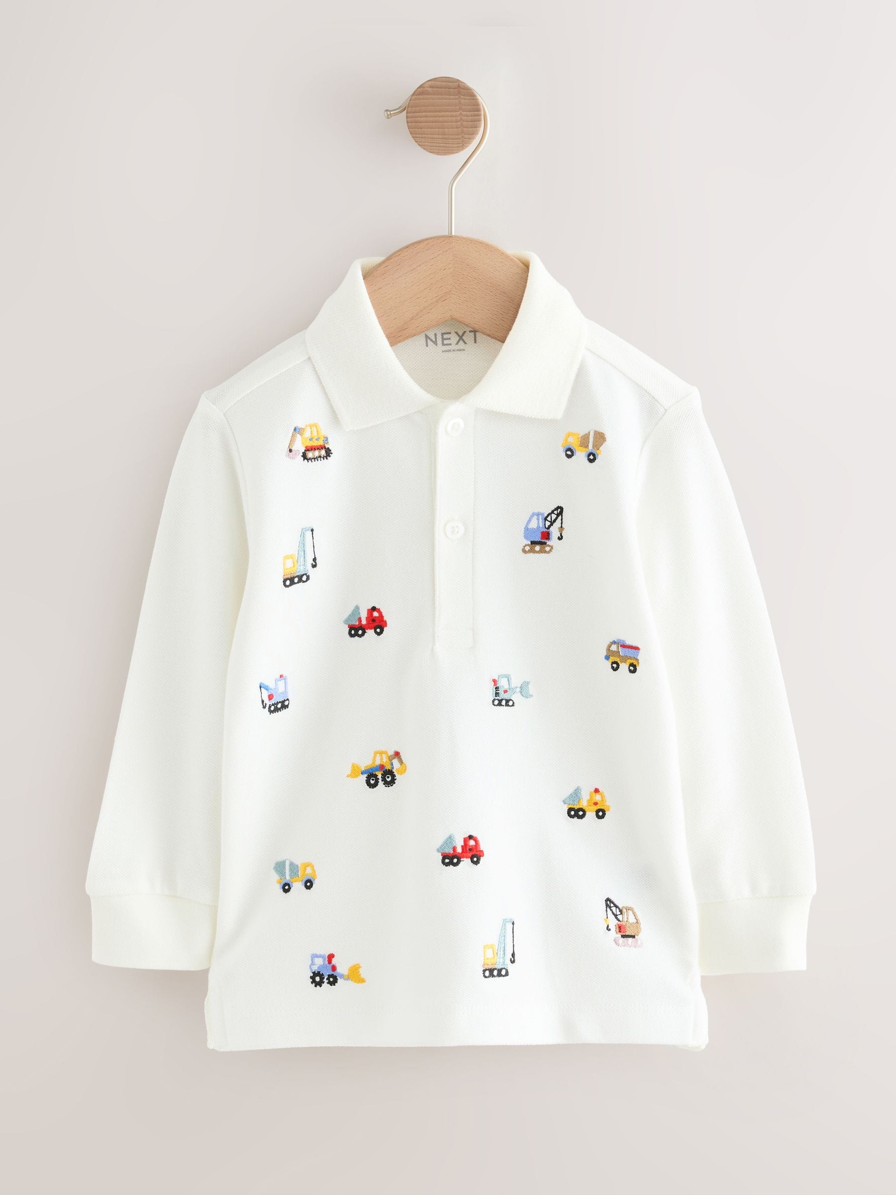 Wit graafmachine - Poloshirt met all-over borduursel en lange mouwen (3mnd-7jr)