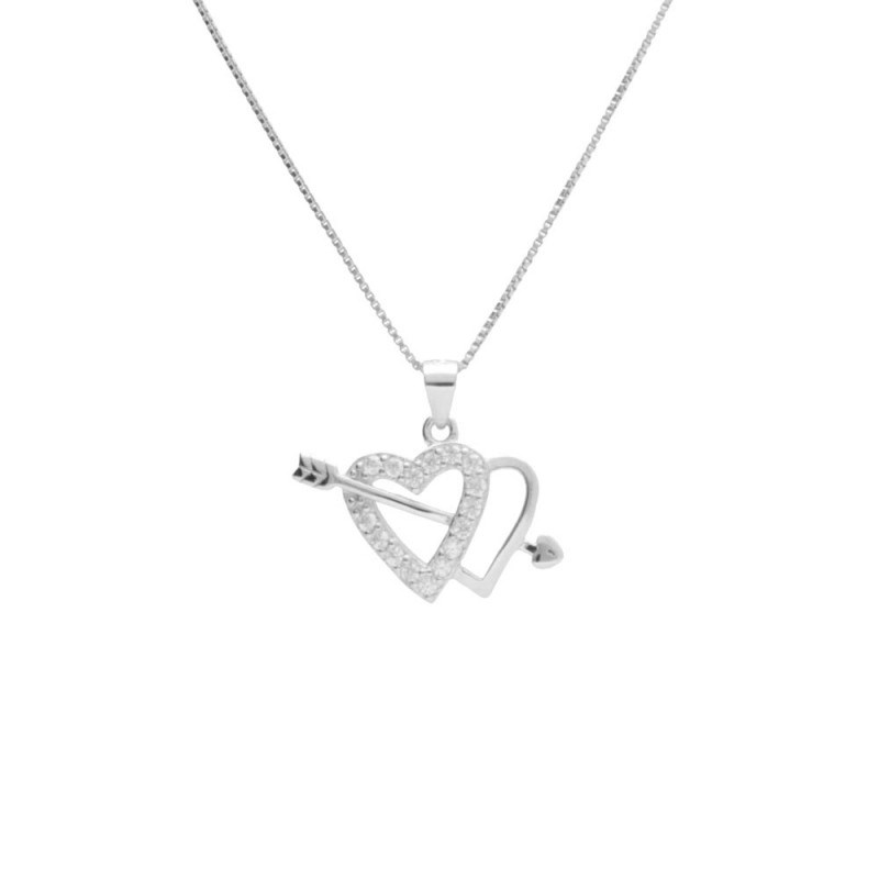 Collier Argent 925/000 Rhodié - Coeurs Flèche Pavé de Zirconiums
