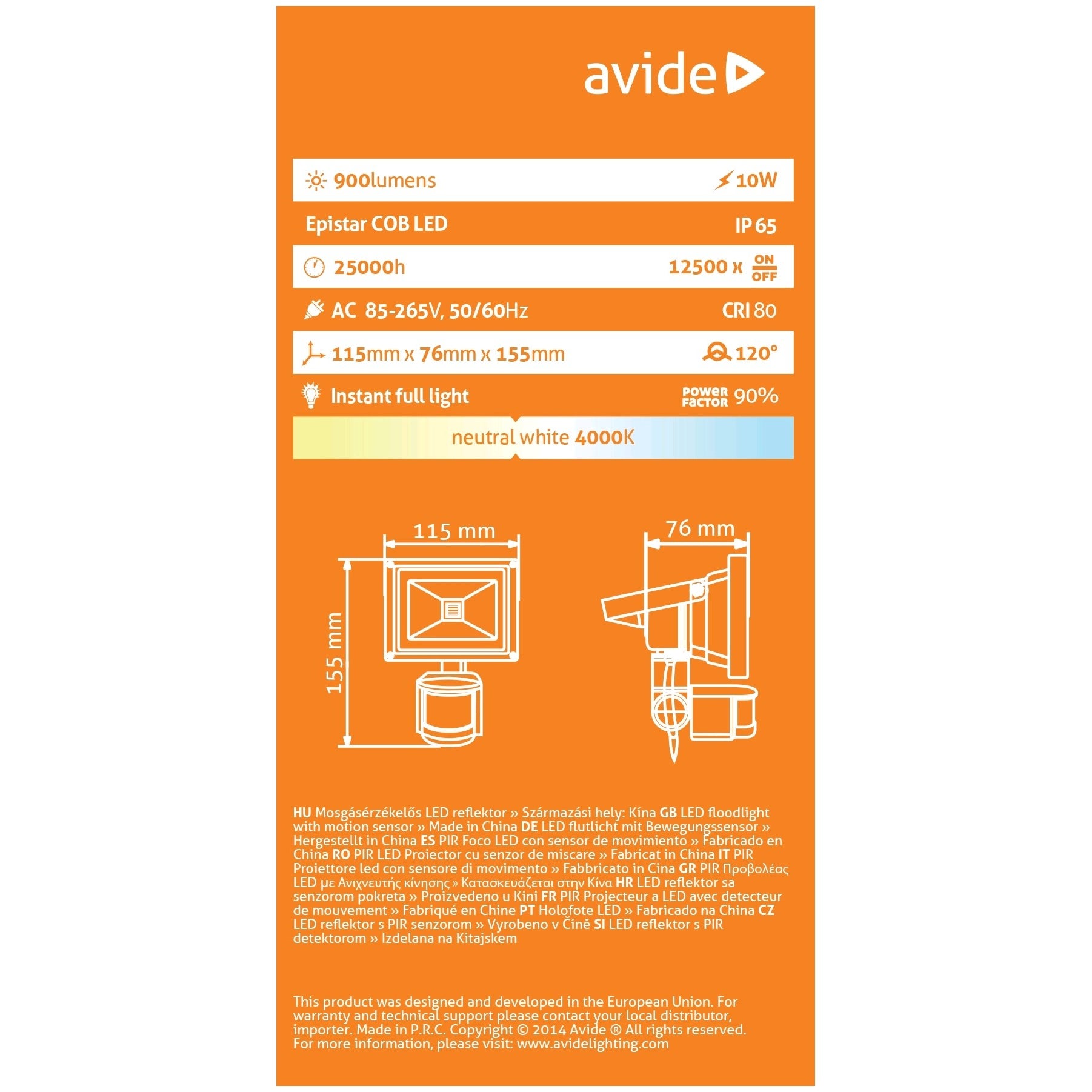 Avide LED Flood Light 10W NW PIR