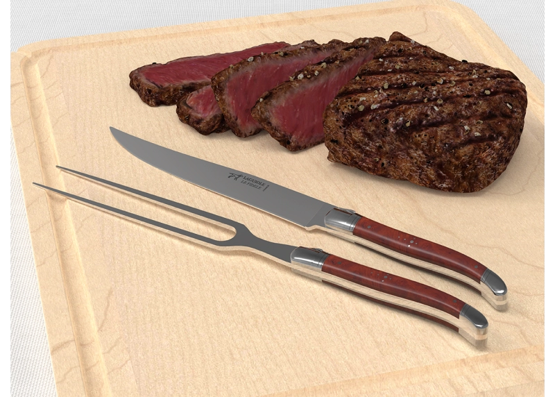 Service à viande Laguiole avec un manche en loupe d'amboine et mitres en acier inoxydable