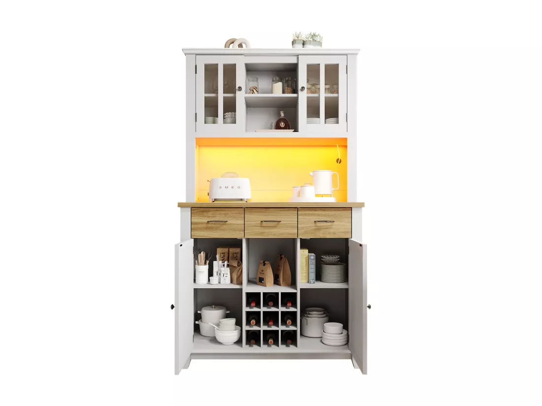 Vitrine、Buffet de cuisine avec LED - H 180cm - grand espace de rangement - Blanc & Naturel