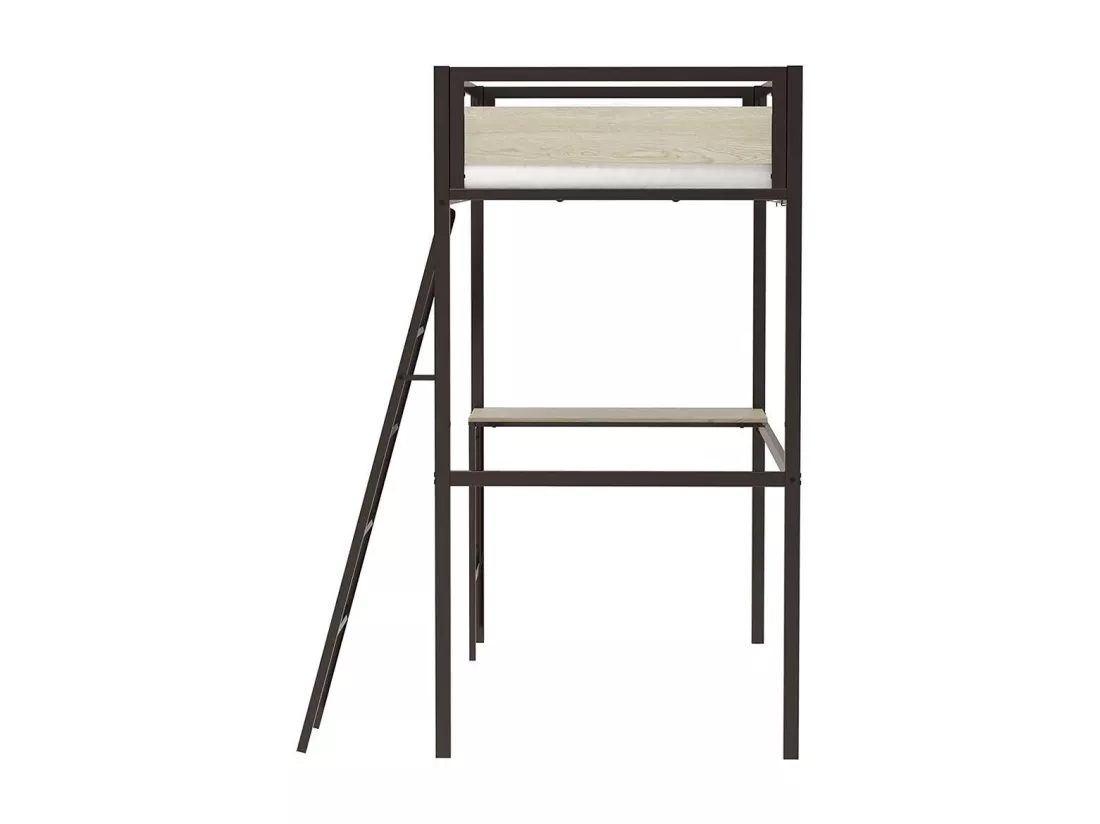 Lit mezzanine avec sommier et bureau en métal finition epoxy noire et mélamine imitation chêne - couchage 90 x 190 cm - DINO