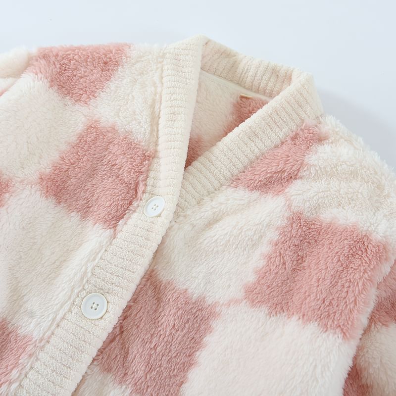 Dogini - Pyjamaset: Fleece shirt met schaakbordmotief + effen broek