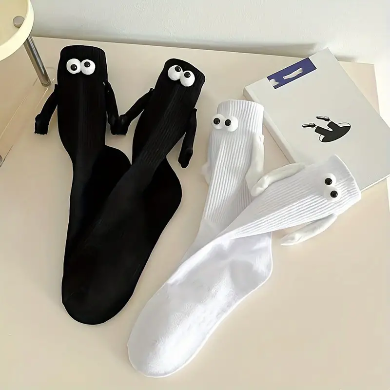 (1 Paar) Unisex Socken Fashion Strümpfe Couple Socks Füsslinge mit Augen / Magnetischen Händen (One Size) - Weiss