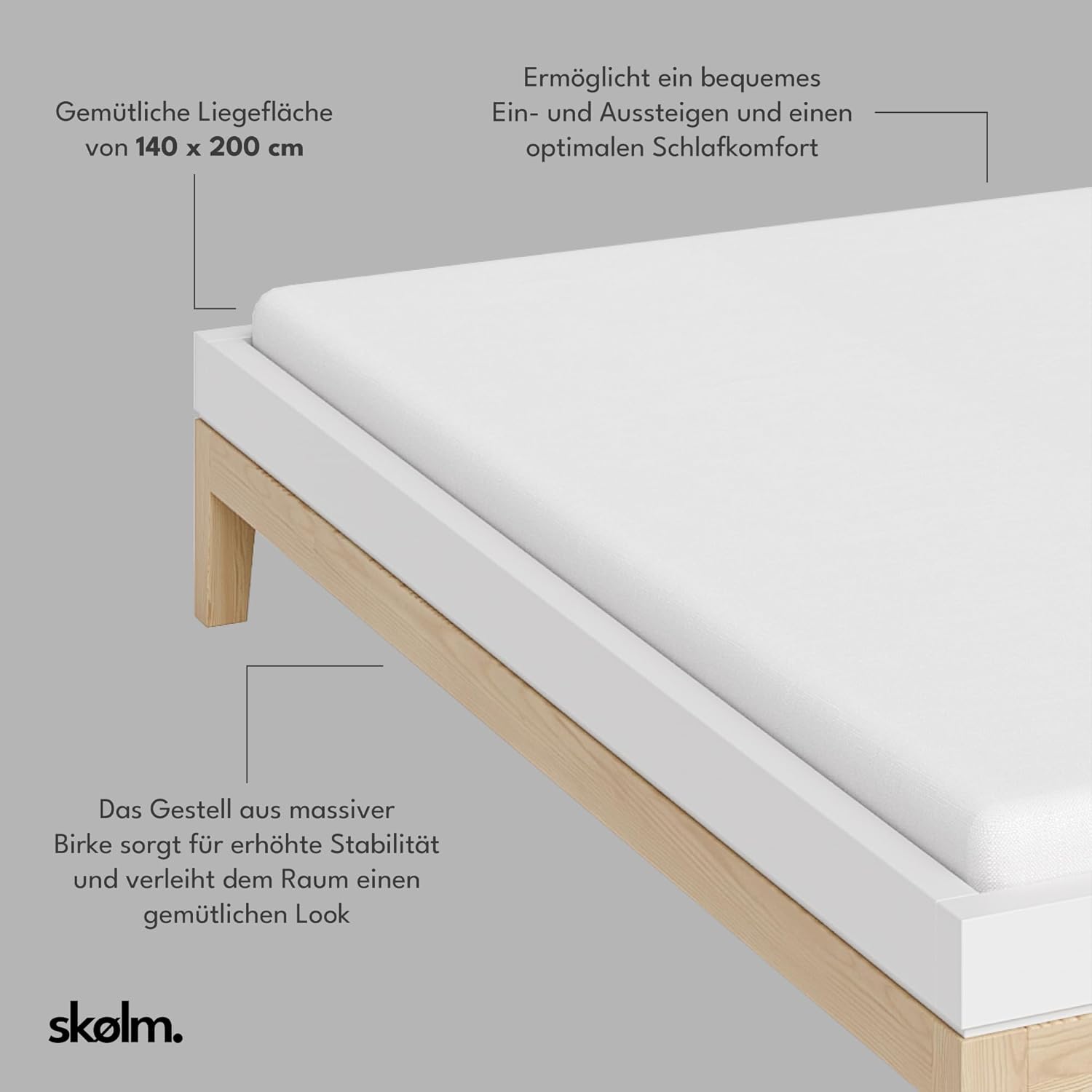 skølm Freyr Bett 140x200 cm, Holzbett weiß/Natur Scandi Style, Doppelbett aus Birke Massivholz und MDF, Bettgestell ohne Kopfteil, Maße: H 32 x B 146 x T 206 cm – B-Ware