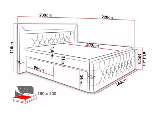 Lit continental Nashville 131, Double, Continental, Gris, 180x200, Tapisserie, 200x220cm