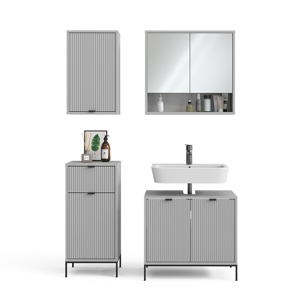 Vicco Badmöbel-Set Eliza, Grau, Badezimmer, moderne Badserie, extravagante Fronten, Waschtischunterschrank, Spiegelschrank, Midischrank, Hängeschrank