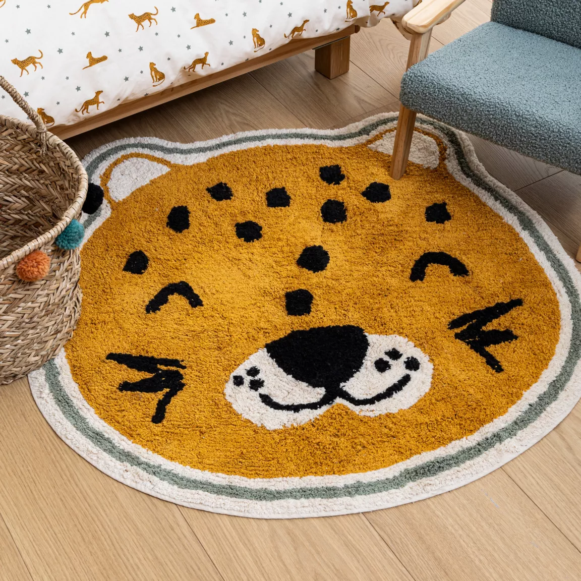 Tapis antidérapant enfant coton (90 cm) Léopard Orange