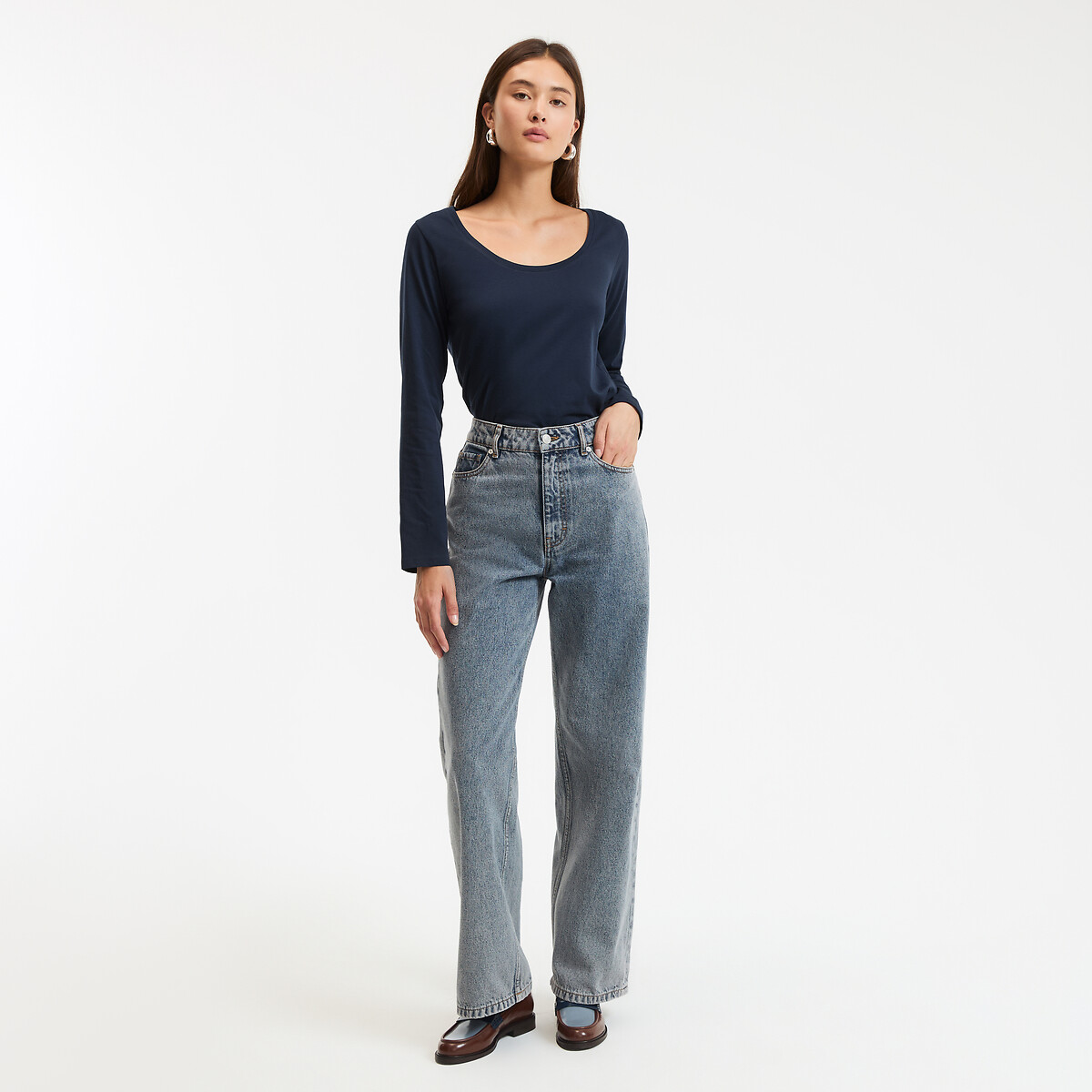 COLEÇÕES LA REDOUTE<br>Camiseta de algodão orgânico, gola redonda, mangas compridas